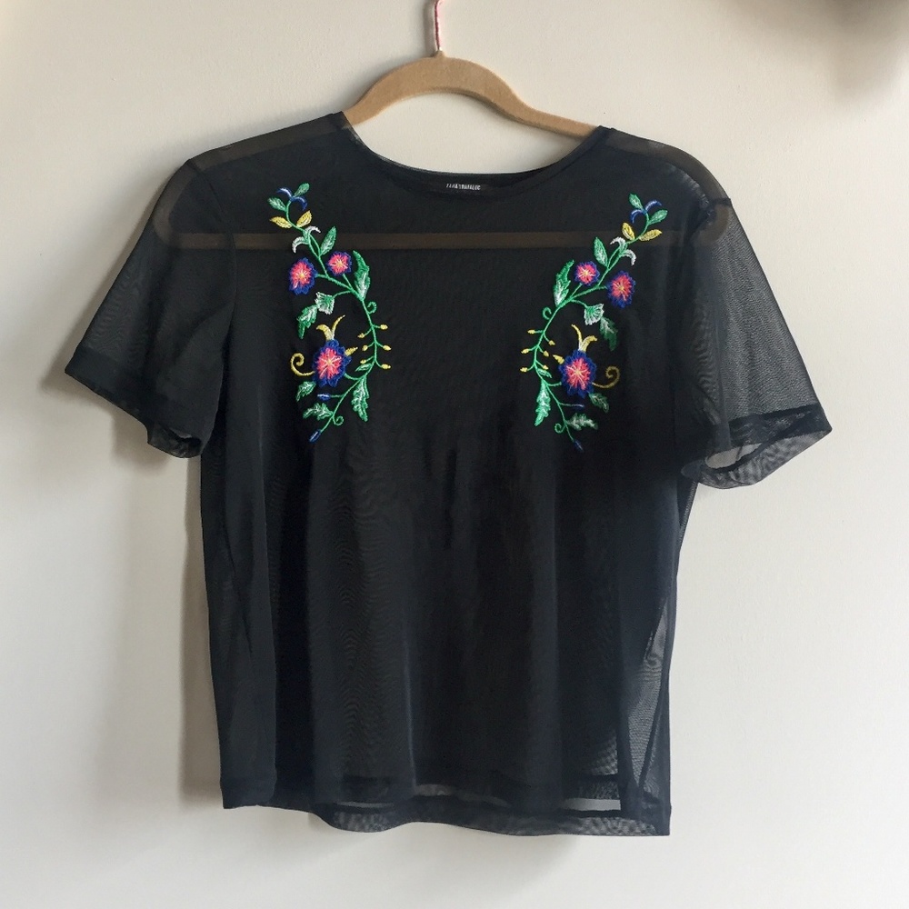 Zara Sheer Black Top w Floral Detail